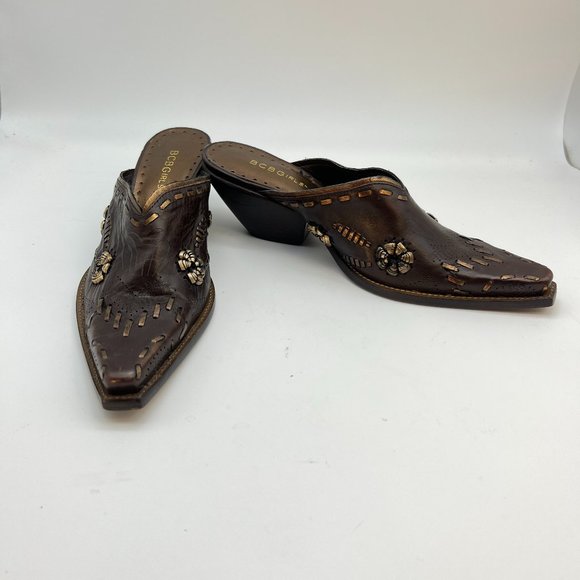 BCBGirls Western Style Mules Slip-on Square Toe Sz 7.5 Leather Upper and Sole - Picture 1 of 15